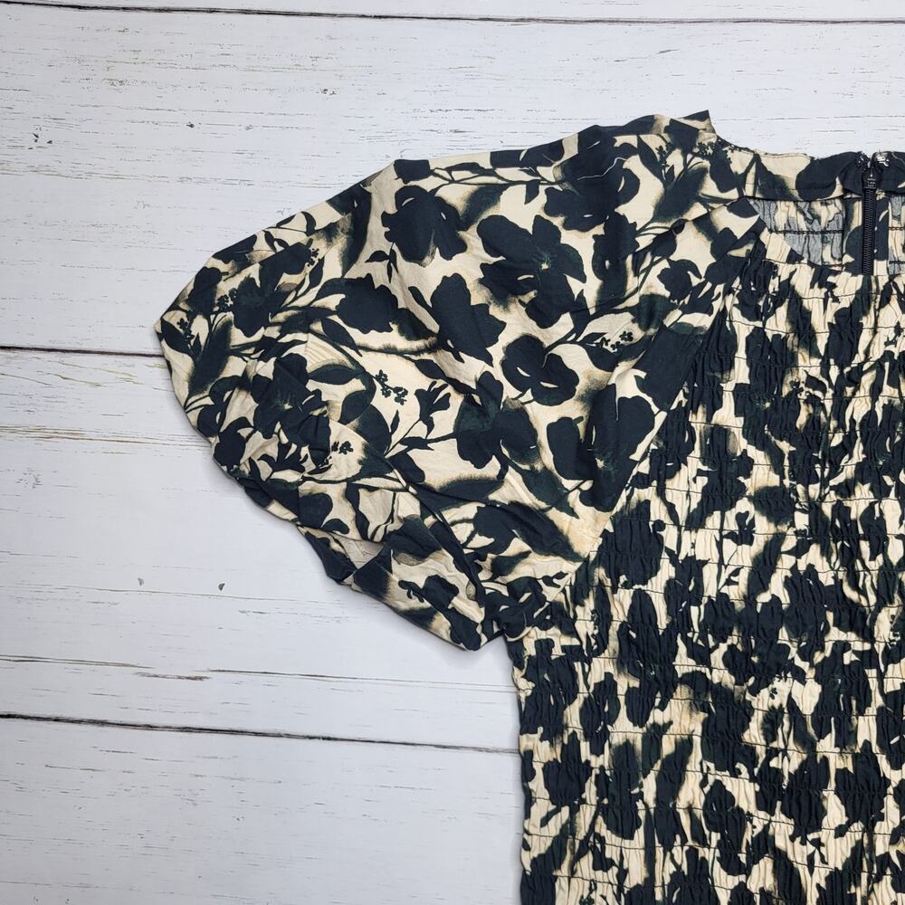 J Crew Meadow Dress Cotton Poplin Floral Black Tan Smock Puff Sleeve XL Tall - Picture 5 of 12